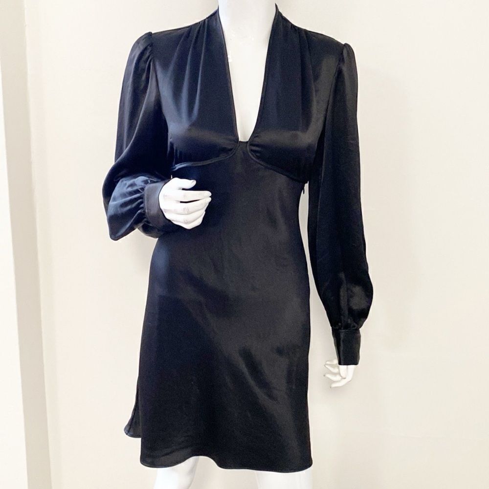 STAUD Rosenda Black Satin Long Sleeve Plunge Neckline Mini Dress FW 2023 Sample - Picture 3 of 9